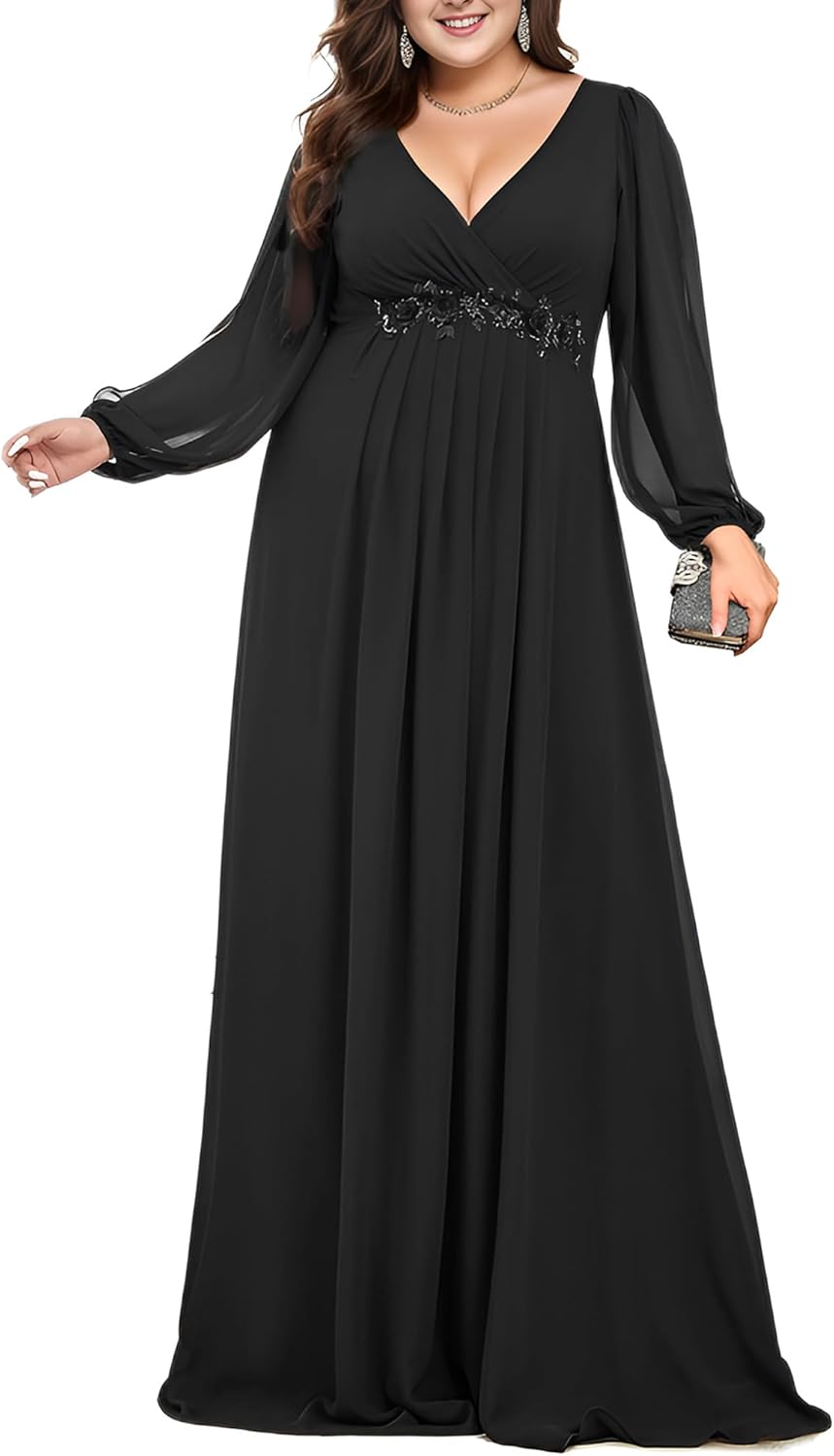 Ever-Pretty V Neck Long Sleeves Applique Chiffon Plus Size Long Ball Gown Formal Evening Dress for Women