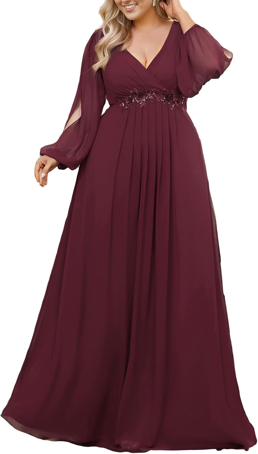 Ever-Pretty V Neck Long Sleeves Applique Chiffon Plus Size Long Ball Gown Formal Evening Dress for Women