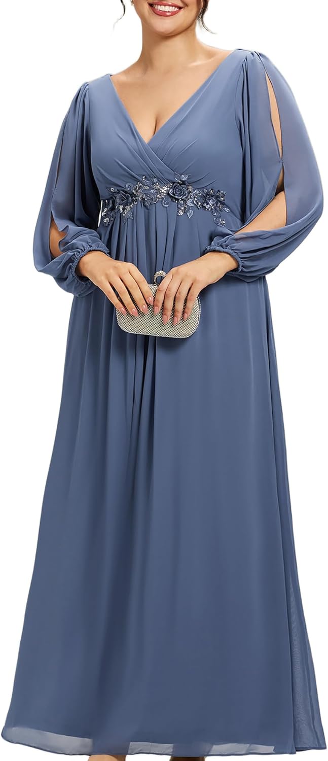 Ever-Pretty V Neck Long Sleeves Applique Chiffon Plus Size Long Ball Gown Formal Evening Dress for Women