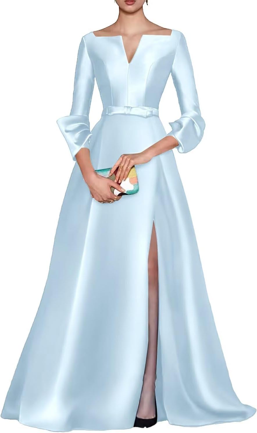 Women's Satin Mother of The Bride Dresses for Wedding Long Sleeve V-Neck Corset Formal Dress
