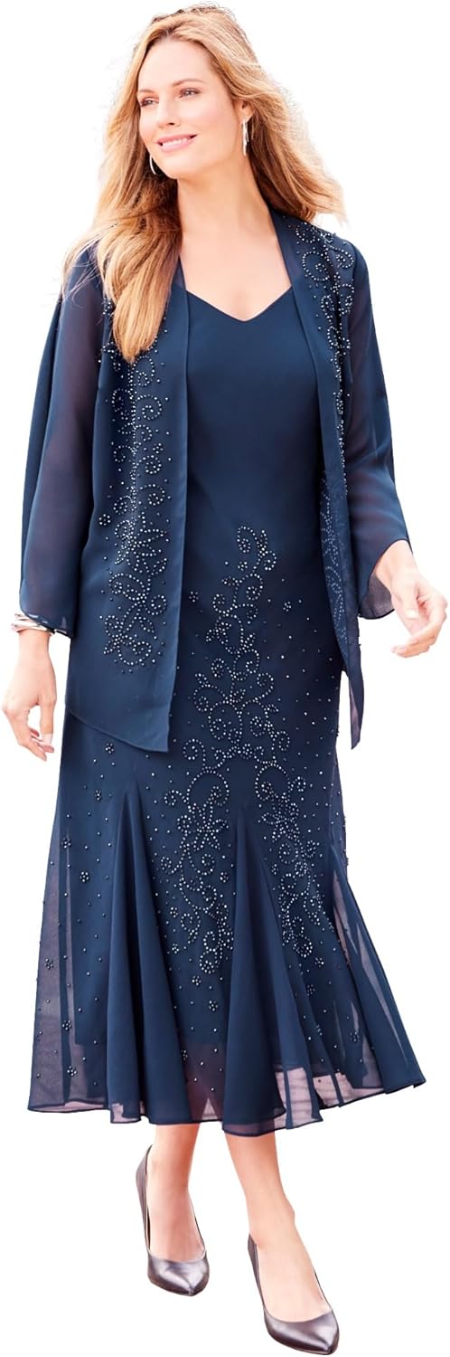 Women's Plus Size Masquerade Beaded Dress Set with Jacket (Petite Available) - 28 W, Mariner Navy