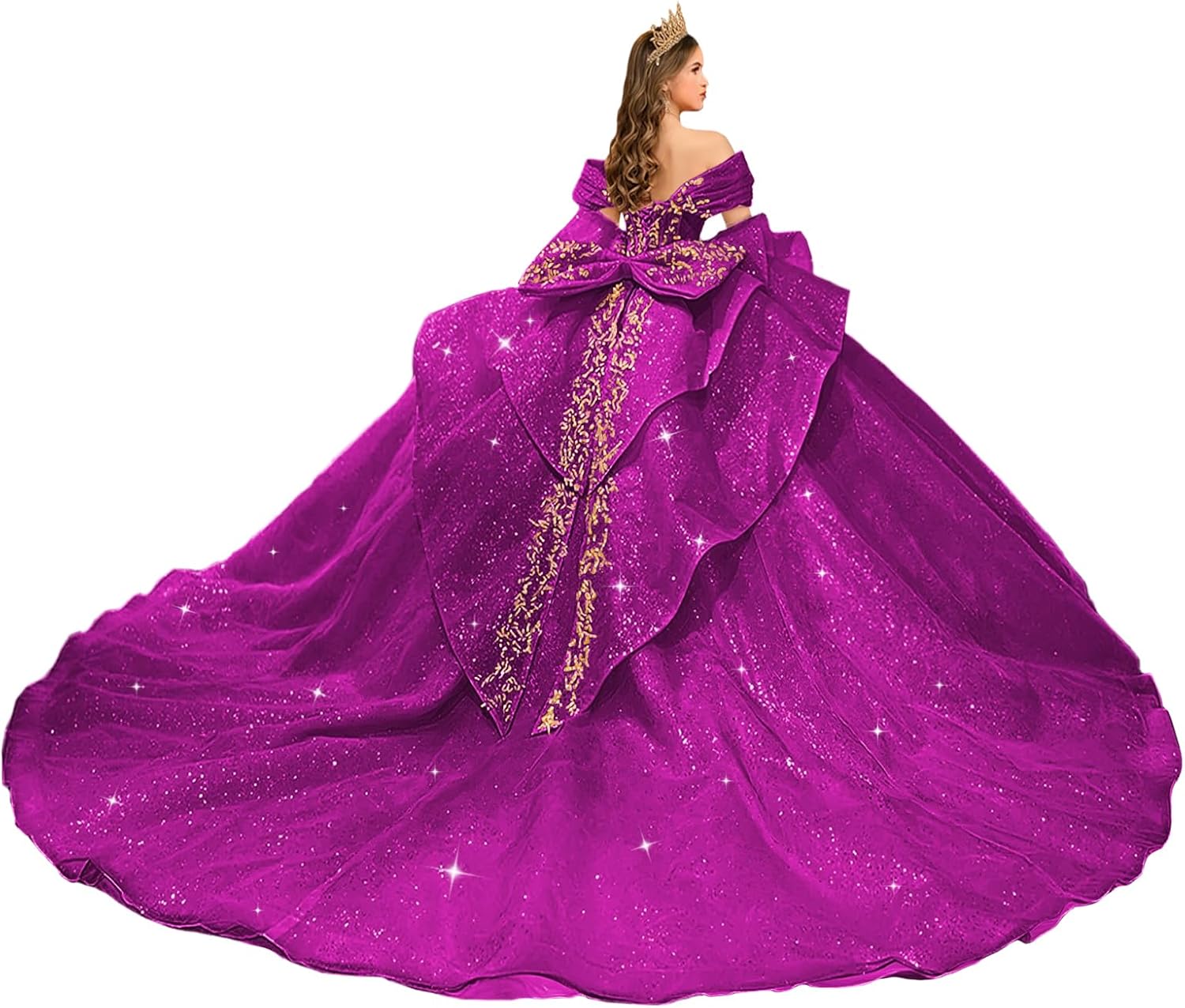 Princess Gold Applique Quinceanera Dresses with Bow Bead Sequin Quince Dress with Ruffles Tulle Sweet 16 Dress