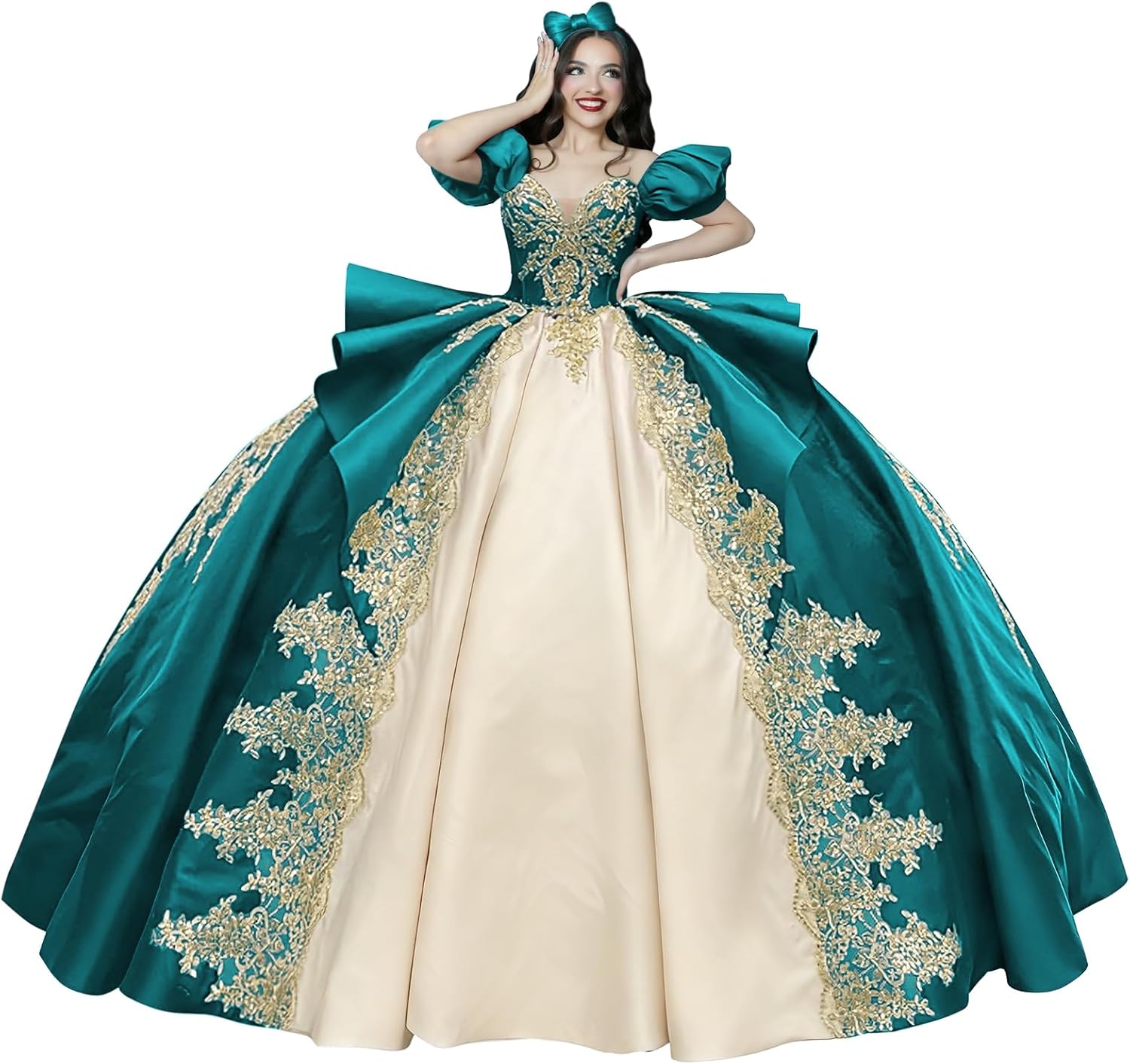 Youjiayi Princess Gold Appliques Quinceanera Dresses with Bow Ruffles Lace Sweet 16 Dress with Train Puffy Satin Ball Gown