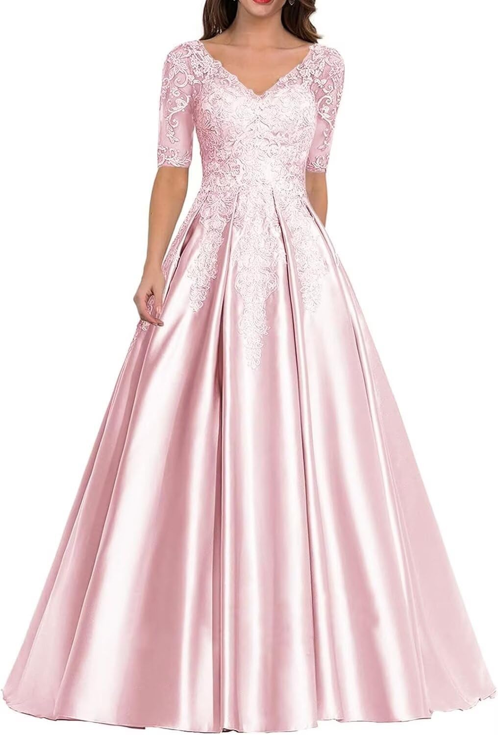 Satin Mother of The Bride Dress for Women V-Neck Long Prom Dresses Lace Applique Formal Evening Gown with Sleeves