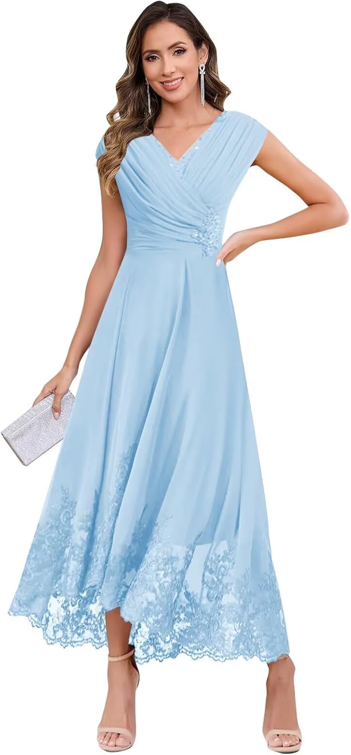 Lace Applique Mother of The Bride Dresses Chiffon Sequin Pleated Cap Sleeve Formal Evening Gown