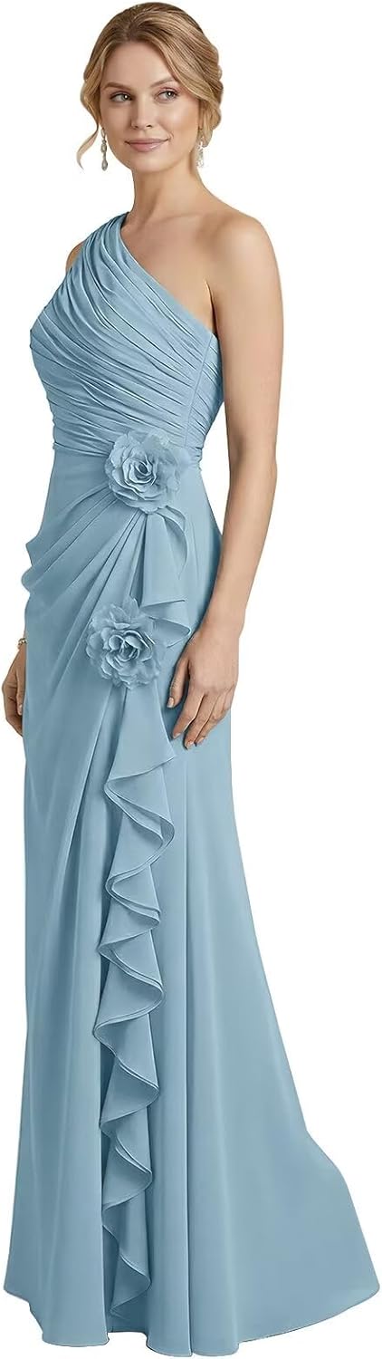 One Shoulder Chiffon Formal Gowns and Evening Dresses for Women 3D Floral Pleated Mermaid Prom Dress 2026