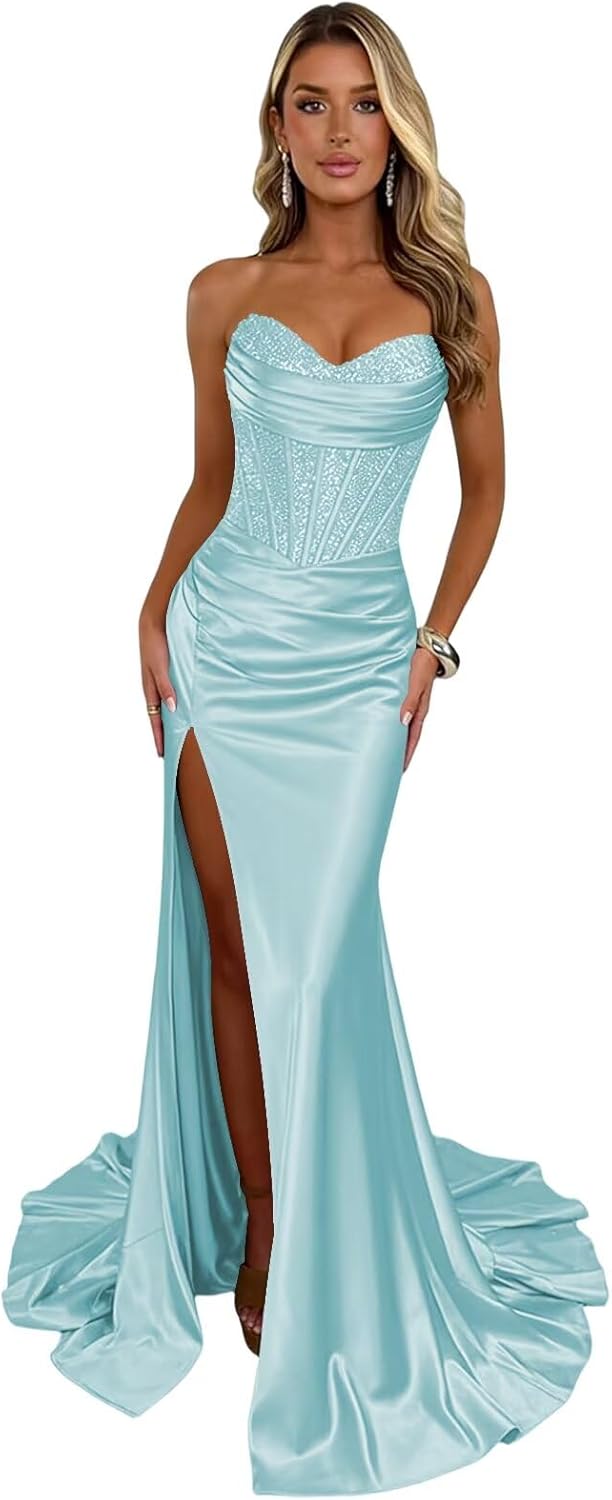 CuteMe Satin Prom Dresses with Beaded Plus Size 2026 Light Blue Formal Ball Gown for Weddings Bodycon Sparkly Sexy Evening Dress 28W