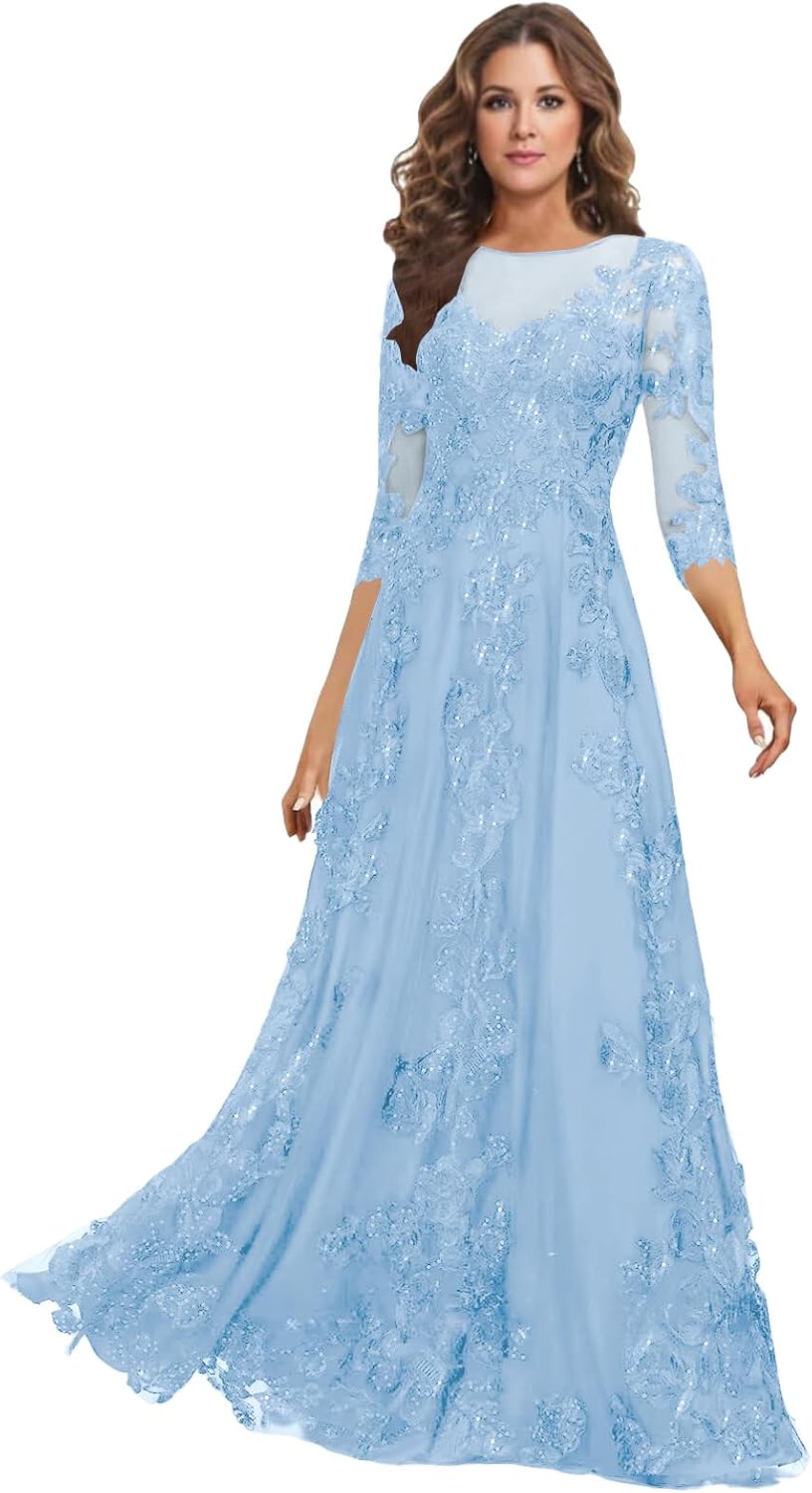 Lace Appliques Mother of The Bride Dresses for Wedding 3/4 Sleeve Long Beaded Scoop Neck Formal Gowns