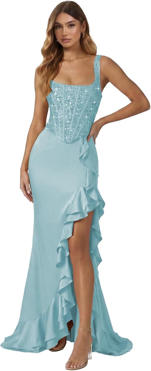 Sequin Prom Dress for Women with Ruffle Mermaid Corset Maxi Evening Party Dresses with Slit L01042