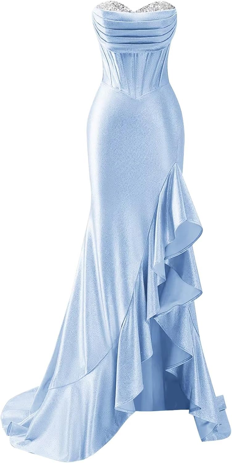 Sparkly Prom Dresses for Women Strapless Off Shoulder Mermaid Maxi Long Dress with Ruffles Formal Evening Dresses