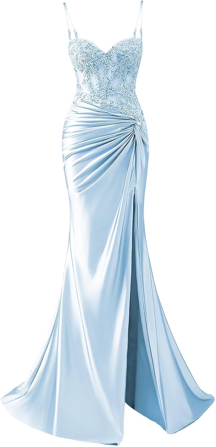 Plus Size Light Blue Prom Ball Gown Dress 2026 Long with Slit Lace Sequin Satin Backless Formal Dresses Long for Teens Plus Size 22W