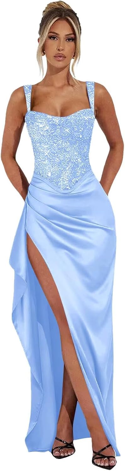 Fu Jiang Sparkly Sequin Prom Dresses with Slit Spaghetti Straps Satin Mermaid Formal Ball Gown