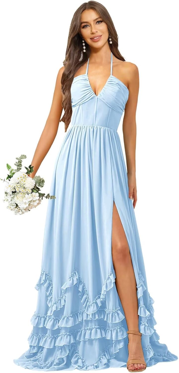 Sukleet Halter Corset Ruffle Bridesmaid Dresses for Wedding Long Maxi Formal Evening Dress for Women with Slit