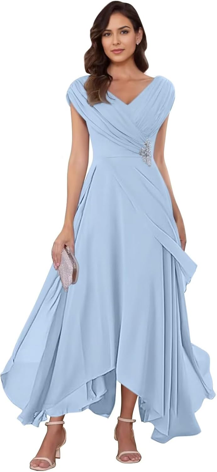 Chiffon Mother of The Bride Dresses for Women V Neck Pleated Wedding Guest Dress Beaded Formal Cocktail Gown