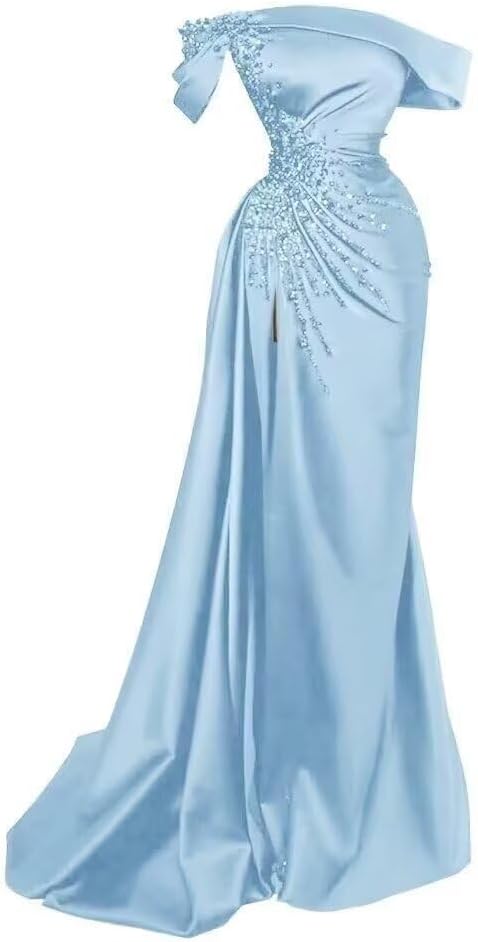 Mermaid Prom Dresses for Women Long Off Shoulder Satin Sequin Beaded Formal Evening Dresses with Slit