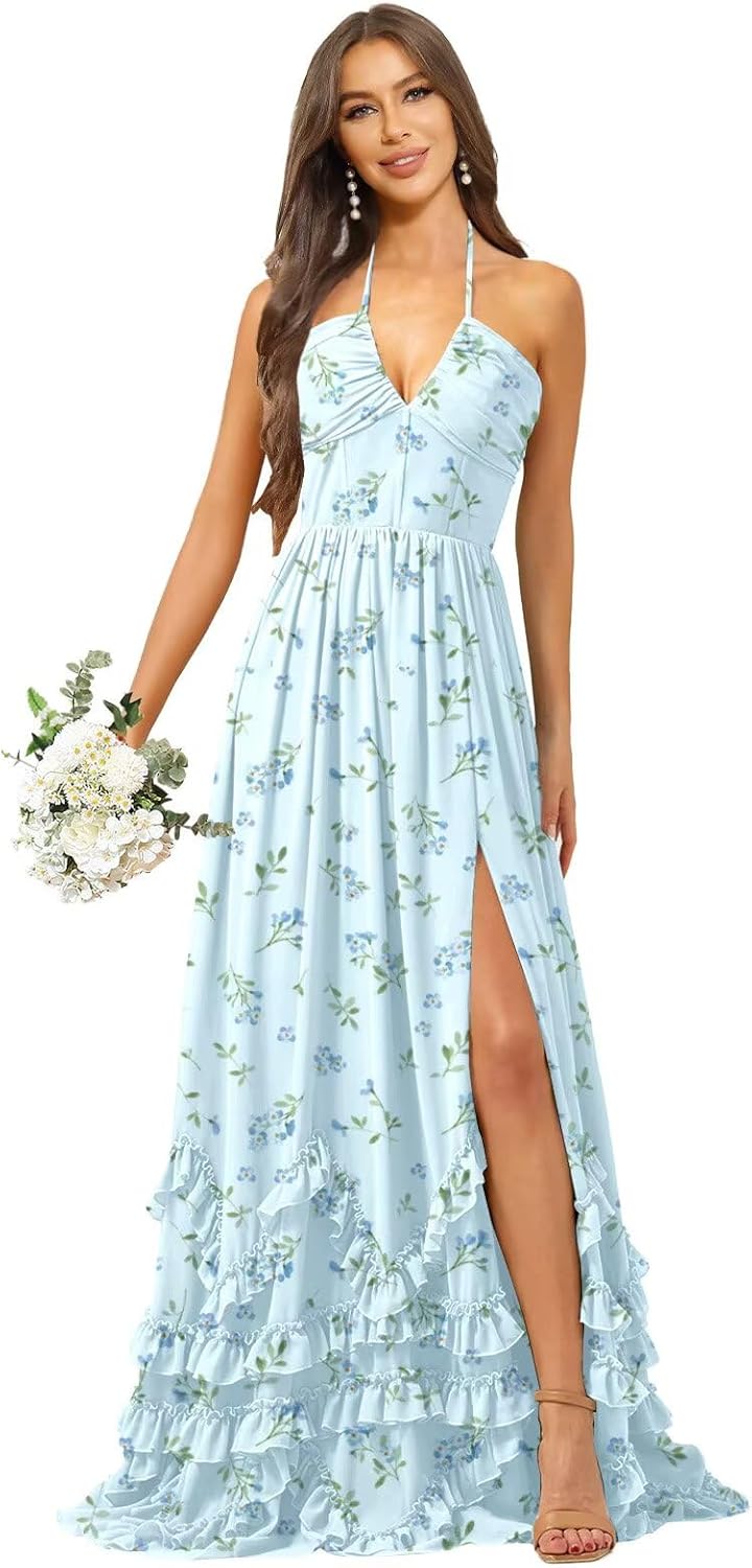 Sukleet Plus Size Floral Light Blue Ruffle Bridesmaid Dress for Wedding Halter Chiffon Maxi Gown Long Prom Dress for Women with Slit 22W