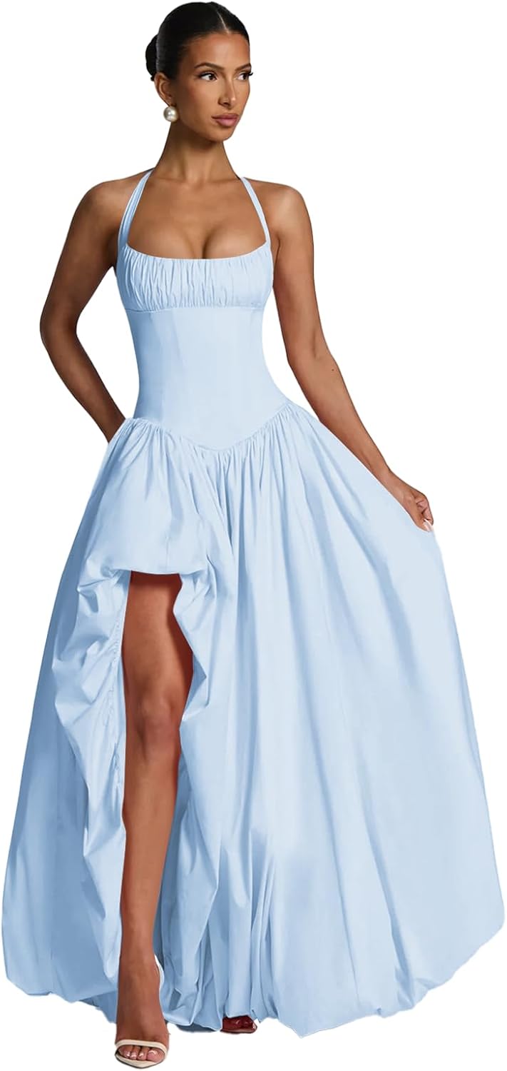 Plus Size Halter Slit Long Prom Dresses 2026 Light Blue Ruched A Line Satin Ball Prom Evening Gowns Plus Size 28W