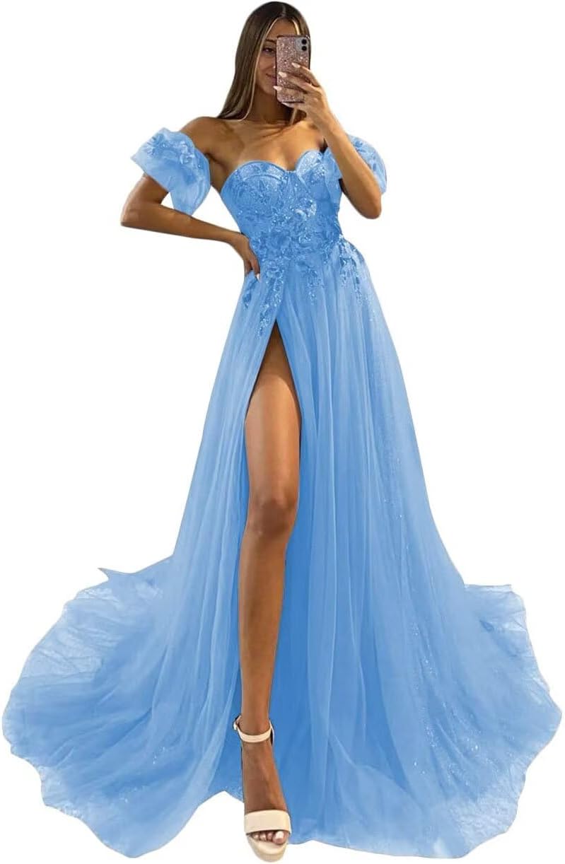 Sparkle Long Tulle Prom Dresses with Sleeve 2025 Strapless Lace 3D Flower Glitter Formal Evening Gowns with Slit Plus Size Light Blue Us24