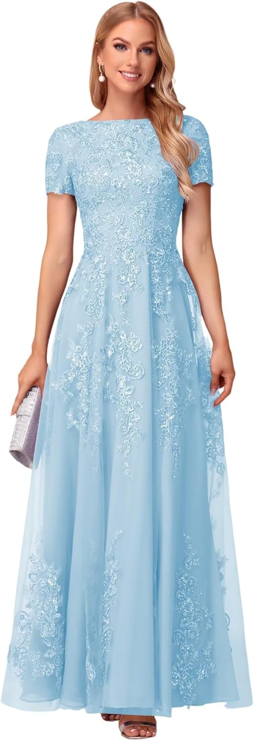 YMSHA Lace Appliques Mother of The Bride Dresses Sequin Beaded Short Sleeve Long Formal Evening Dress CLN021