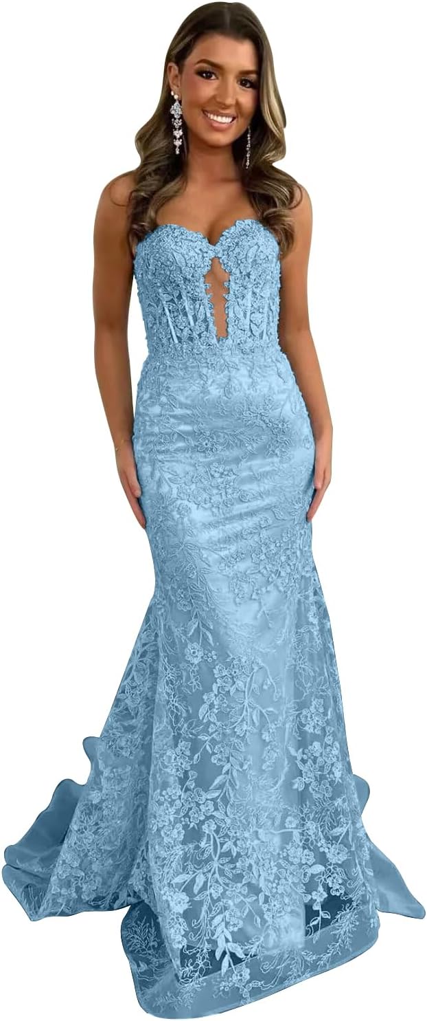 Tulle Lace Appliques Prom Dress 2025 Long Mermaid Strapless Ball Gown Evening Dresses Plus Size for Women Light Blue Size 22w