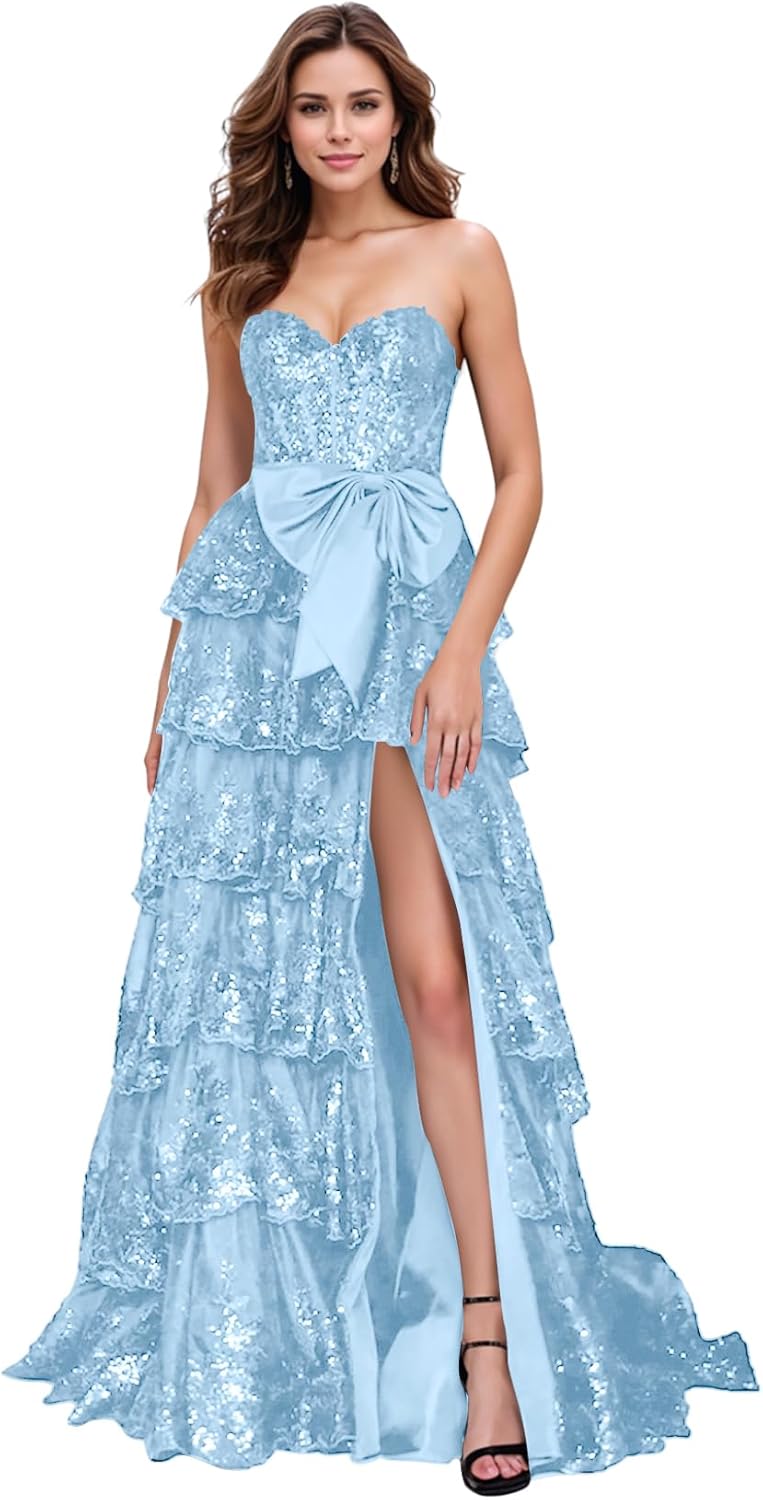 Strapless Prom Dress Long with Slit Light Blue Lace Appliques Ruffle A Line Evening Dresses for Women Plus Size 18w