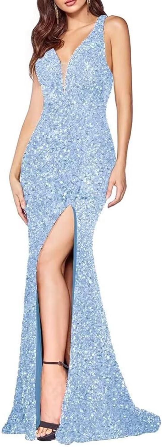 Plus Size Prom Dresses Long for Women 2025 Sequin Mermaid Formal Gowns and Evening Dresses for Teens with Slit Light Blue 24