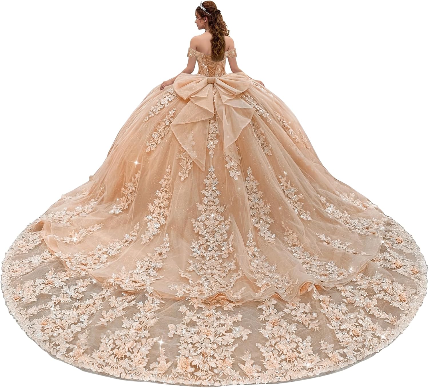 Zhangyo Sparkly Tulle Quinceanera Dresses with Bow Off Shoulder Sweet 15 16 Dress with Train Puffy 3D Flowers Ball Gown
